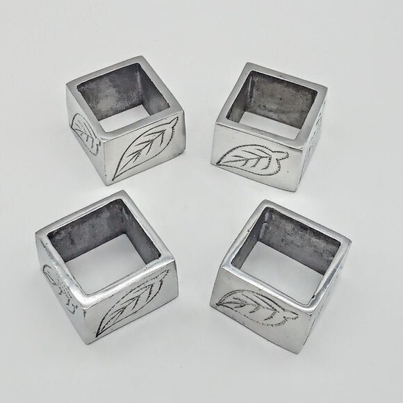 Pier 1 Silver Pewter Etched Leaves Square Napkin Rings - Picture 4 of 6